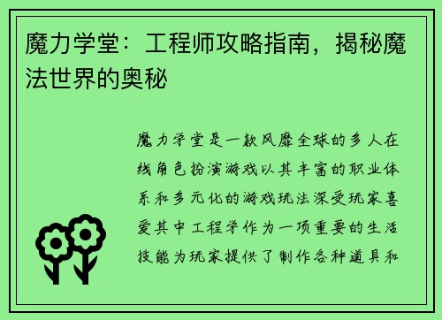 魔力学堂：工程师攻略指南，揭秘魔法世界的奥秘